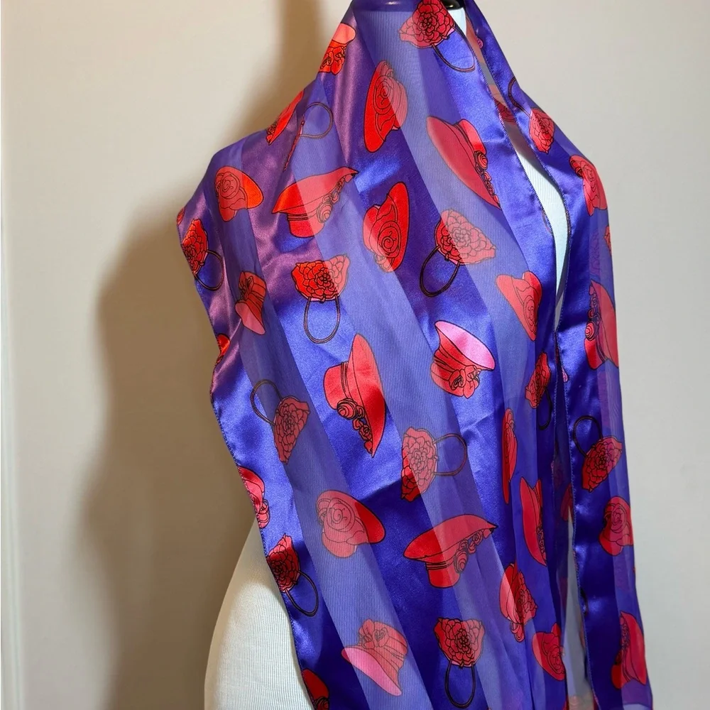Women's Purple Lightweight Red Satin Fashion Scarf Wrap Red Hat Design 60”x13.5”